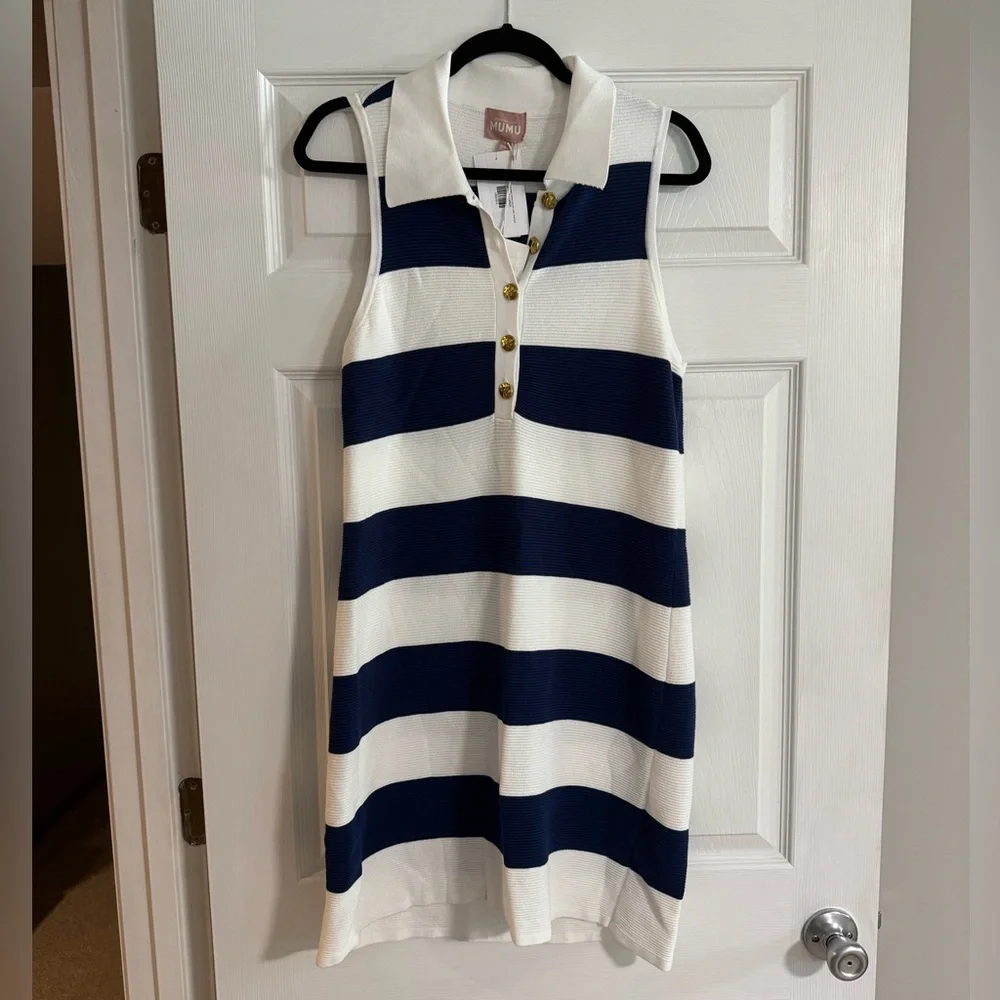 Show Me Your MuMu Zoe Button Sweater Dress Sailor Blue Stripe Knit - Picture 4 of 9